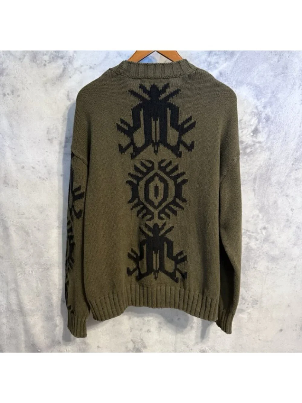 Banana Republic Heavy Knit Khaki Green Black Sweatshirt Aztec Archives Intarsia